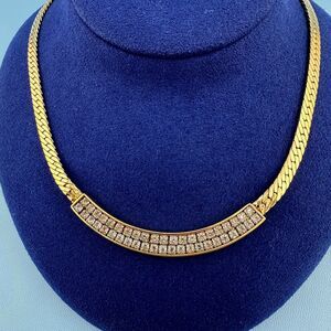 Vintage Swarovski Necklace Clear Pave Crystals Gold Tone Herringbone Signed SAL